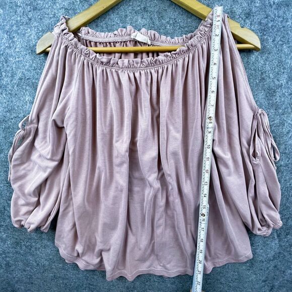 Hummingbird Blouse Womens Medium Pink Cold Shoulder Flowy Drape Stretch Tied - Picture 4 of 6